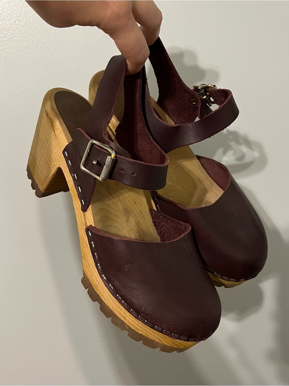 MIA Sophia wood sole Swedish leather clog sandals in burgundy